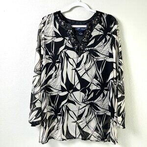 Susan Graver Georgette Tunic Top Tank Size M Black Tan Embellished A76426